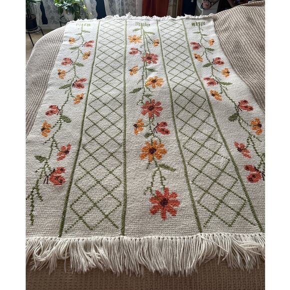 Vintage Floral Afghan Blanket Hand Knit Crochet Embroidered 46" x 68" - Picture 1 of 7